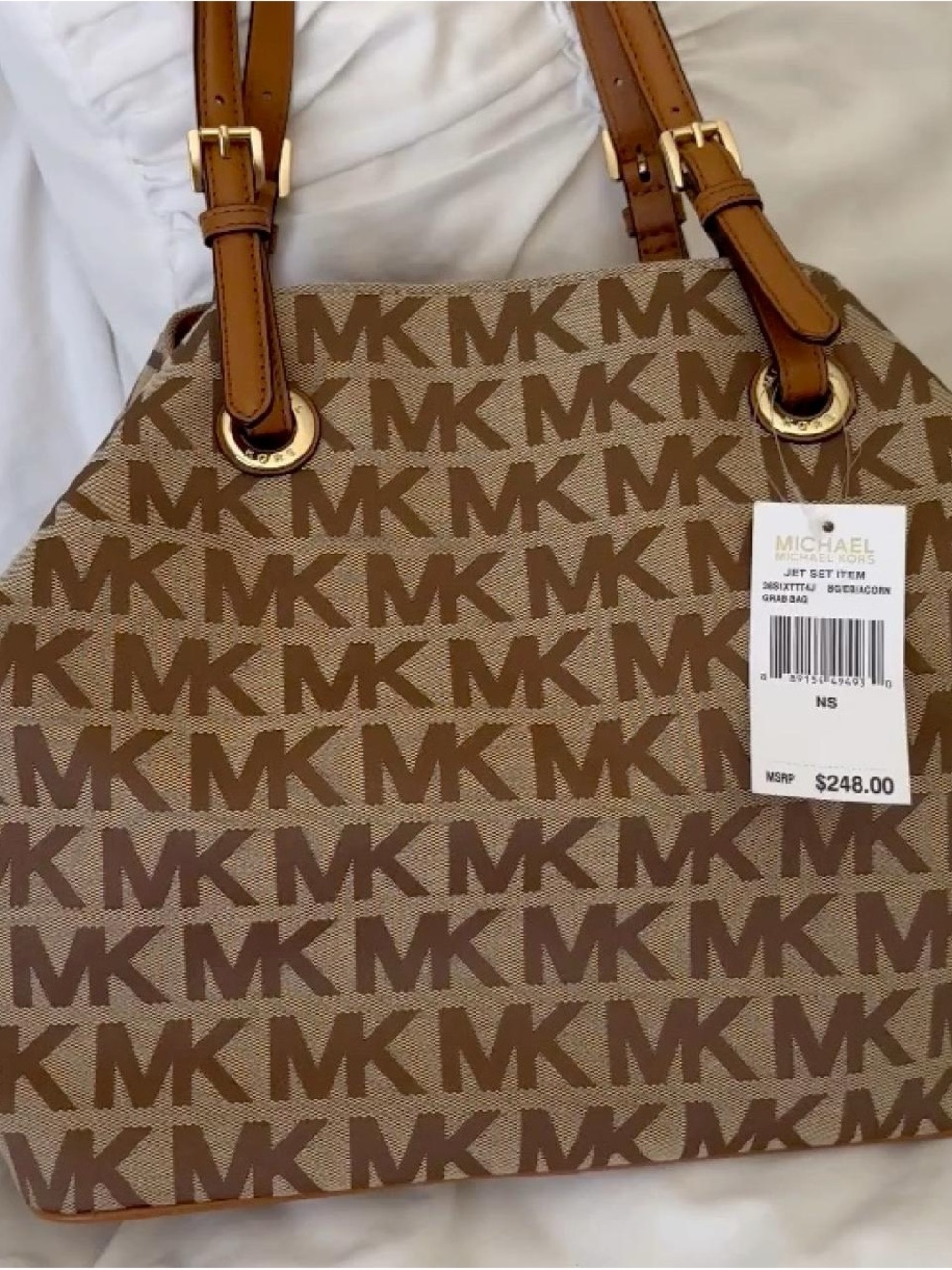 Michael Kors Tan and Beige MK Logo Shoulder Tote